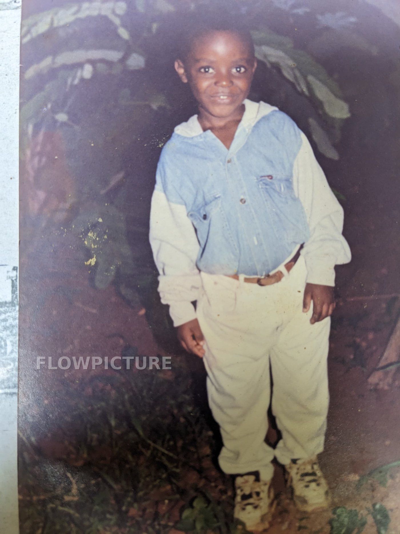 Portrait of a child in a denim jacket: the original print is dull and stained, the retouched version is sharp and recropped